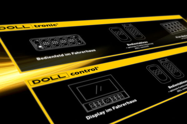 DOLL tronic- und DOLL-Steuerungspaneele auf einem dynamischen goldenen Hintergrund, der die fortschrittlichen Lkw-Steuerungssysteme präsentiert.