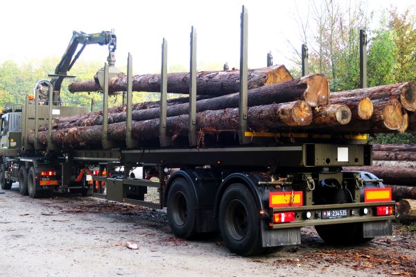 DOLL Defence trailer for light terrain loaded with tree trunks