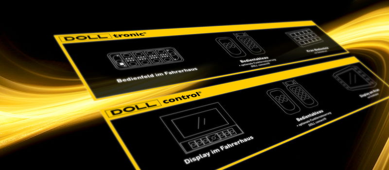 DOLL tronic- und DOLL-Steuerungspaneele auf einem dynamischen goldenen Hintergrund, der die fortschrittlichen Lkw-Steuerungssysteme präsentiert.